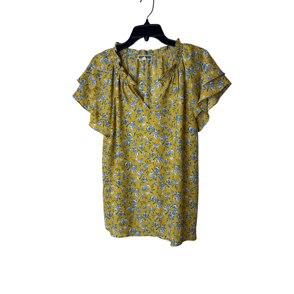 Pleione Blouse Womens M Yellow Floral V Neck Flutter Ruffle Short Sleeve Top